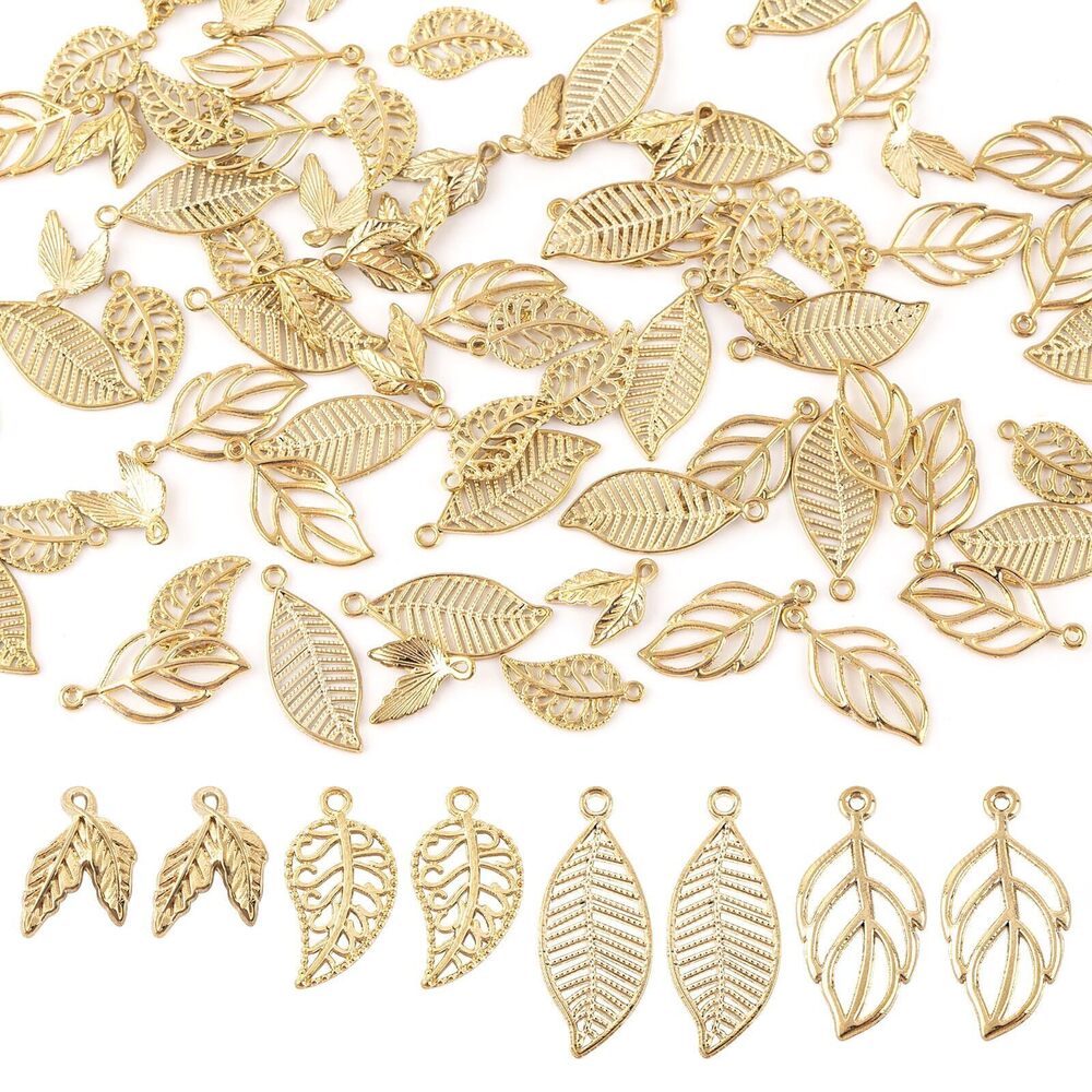 1933 80 Pack Hollow Gold Tree Leaf Charms Pendants Beads for DIY Jewelry